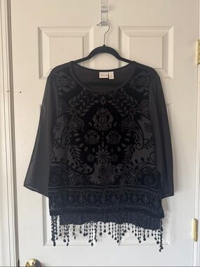 Chico's Black Velvet w/ Sheer Sleeves Burnout Fringe Velvet Blouse Size 1
